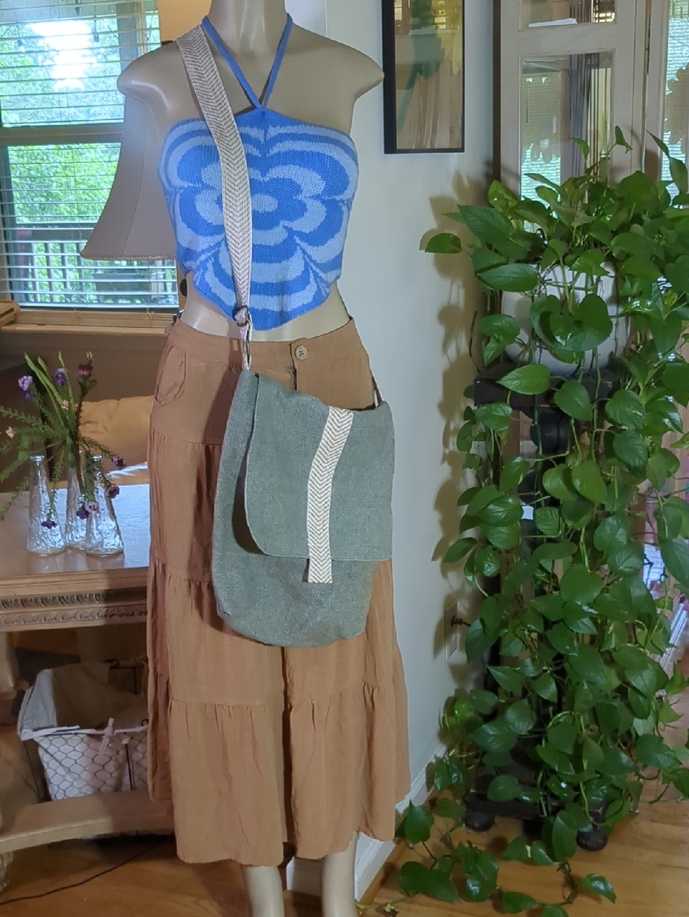 Sage Green Canvas Crossbody Bag Boho Festival Chevron Strap Purse
